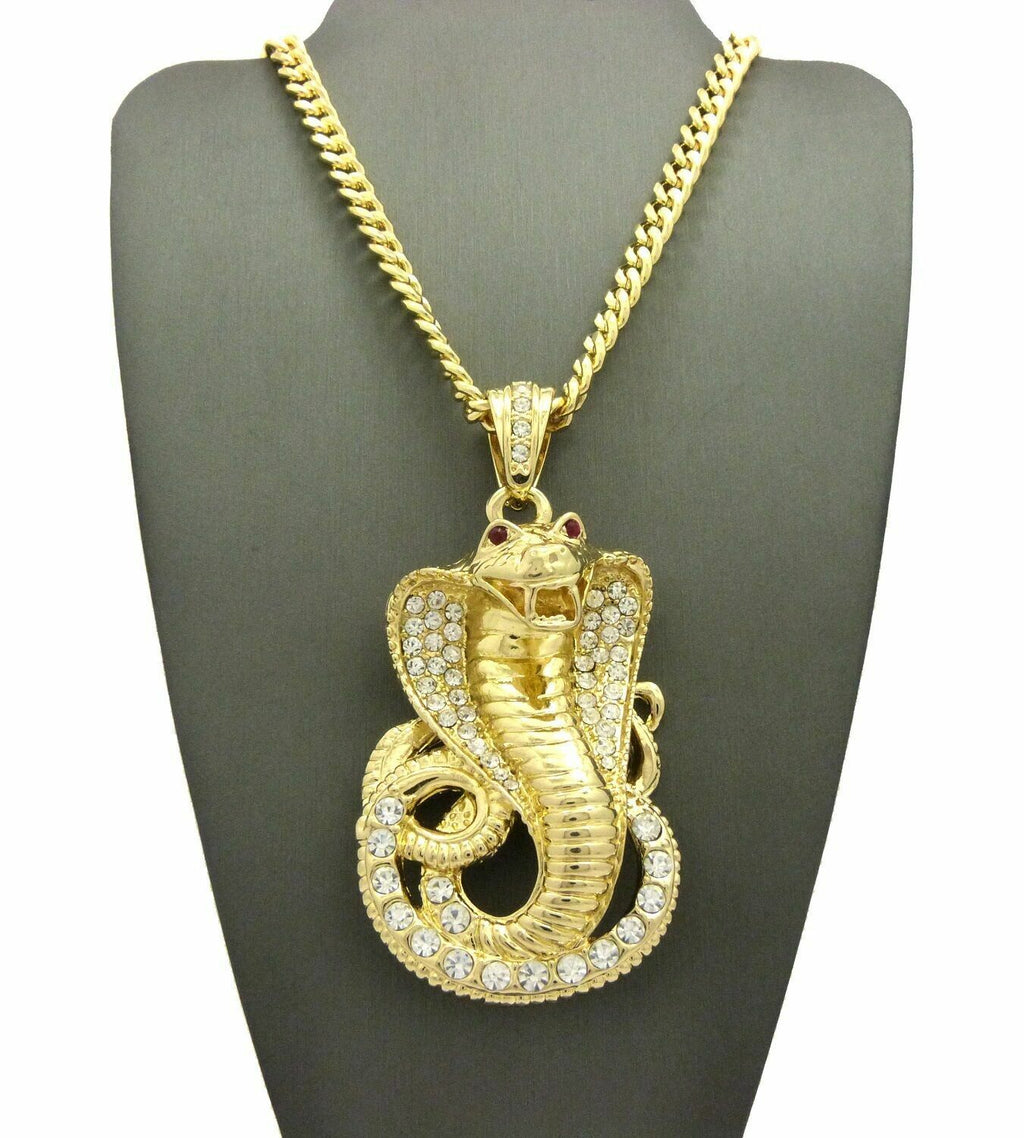 Gold Plated Cubic Zirconia Snake Pendant & 30" Cuban Chain Necklace U569991