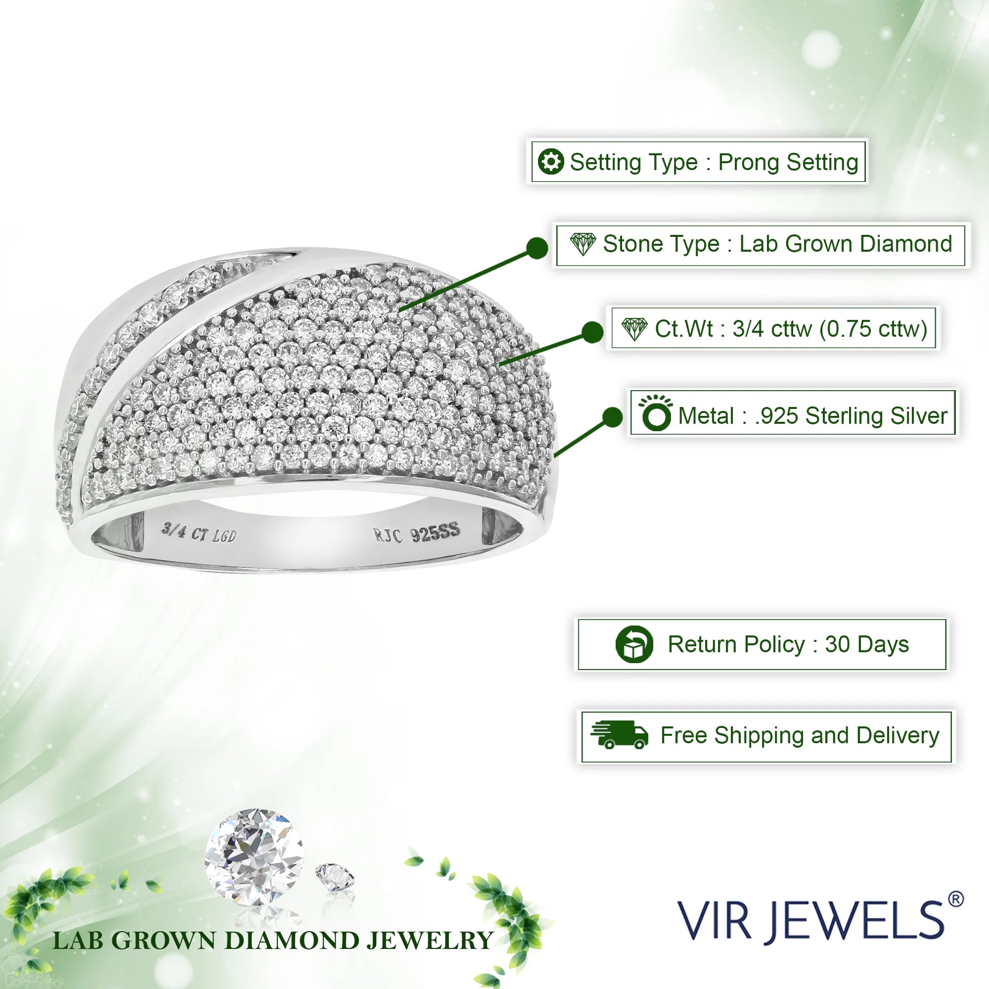 3/4 CTTW Lab Grown Diamond Wedding Band .925 Sterling Silver Prong Size 7 B546
