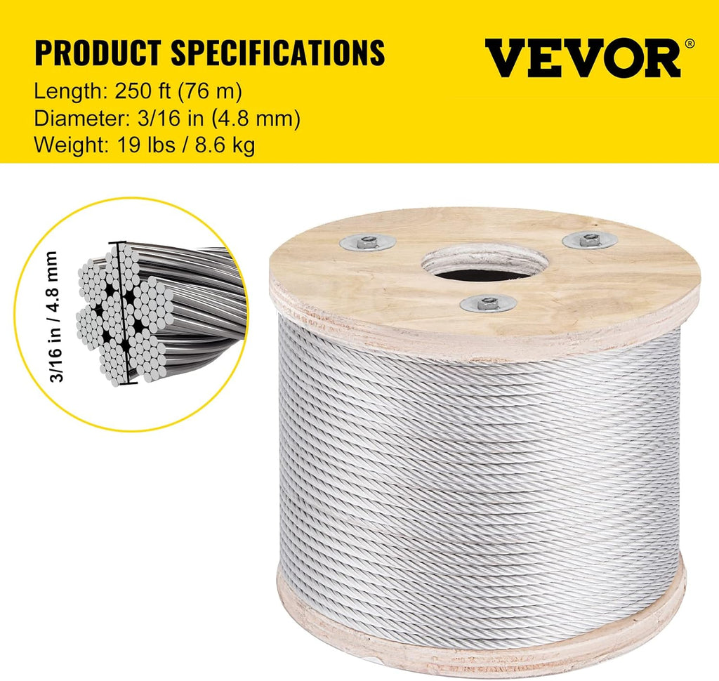 Stainless Steel Cable Railing 3/16"x 250ft, 304 Marine Grade, 7x19 Strands Construction O5326