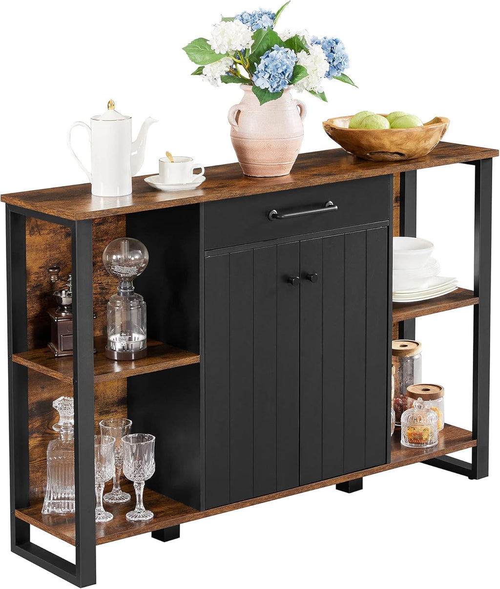 Rustic Brown and Black Steel Frame Buffet Cabinet with Drawer and Shelves T49802