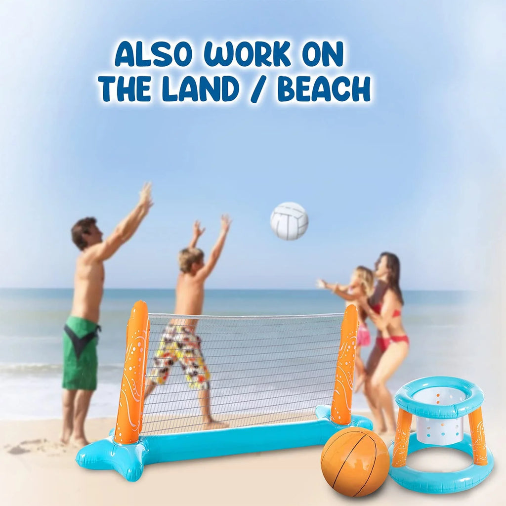 Light Blue Inflatable Pool Volleyball Set with Basketball Hoops C41112