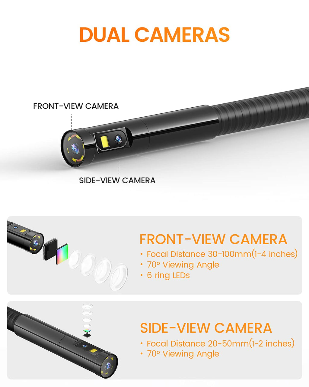 Dual Lens Inspection Camera with 5 IPS Screen, 16.4ft Flexible Probe, 1080p T134