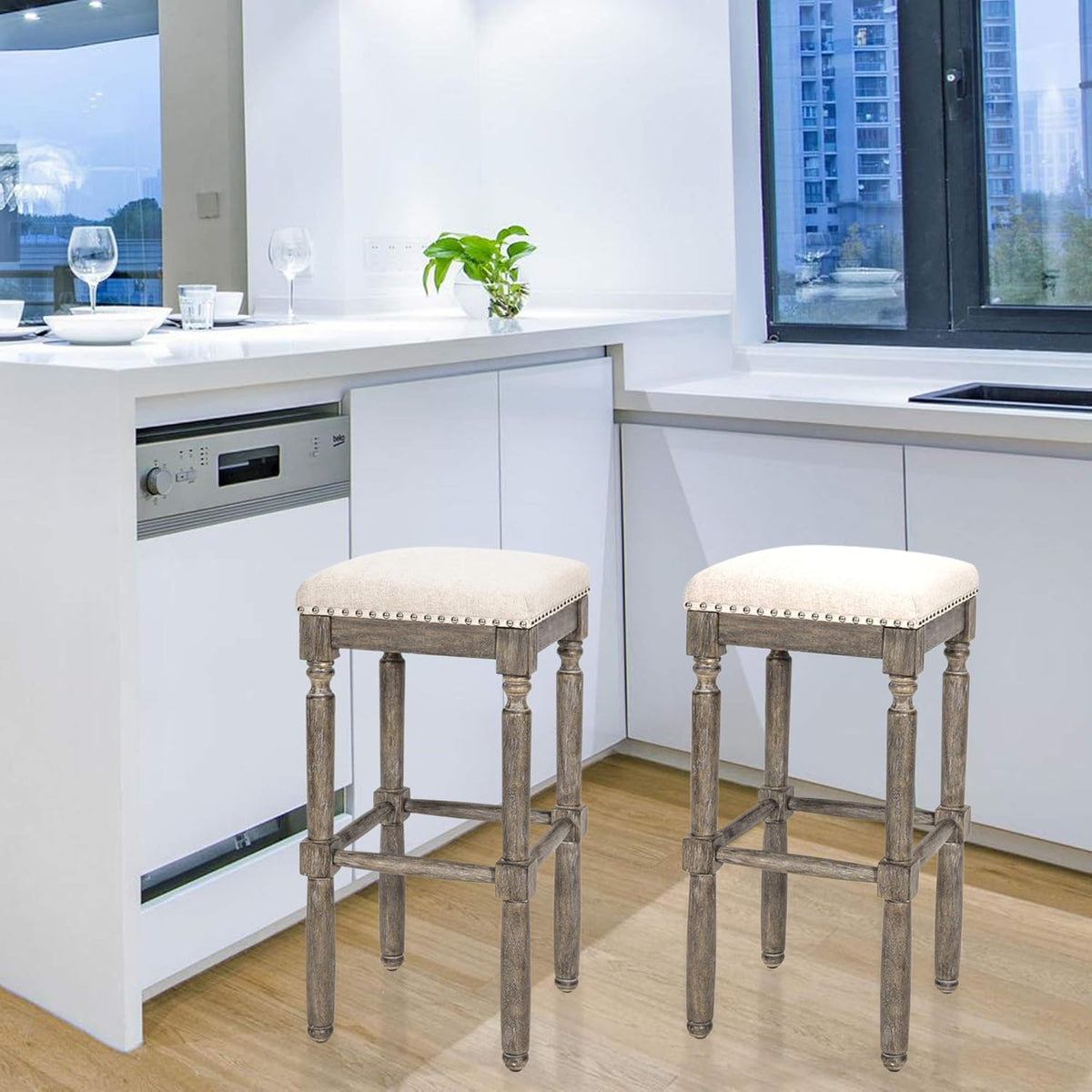 Kitchen Counter Barstool 30 Inch Seat Height Taupe Set of 2 P249