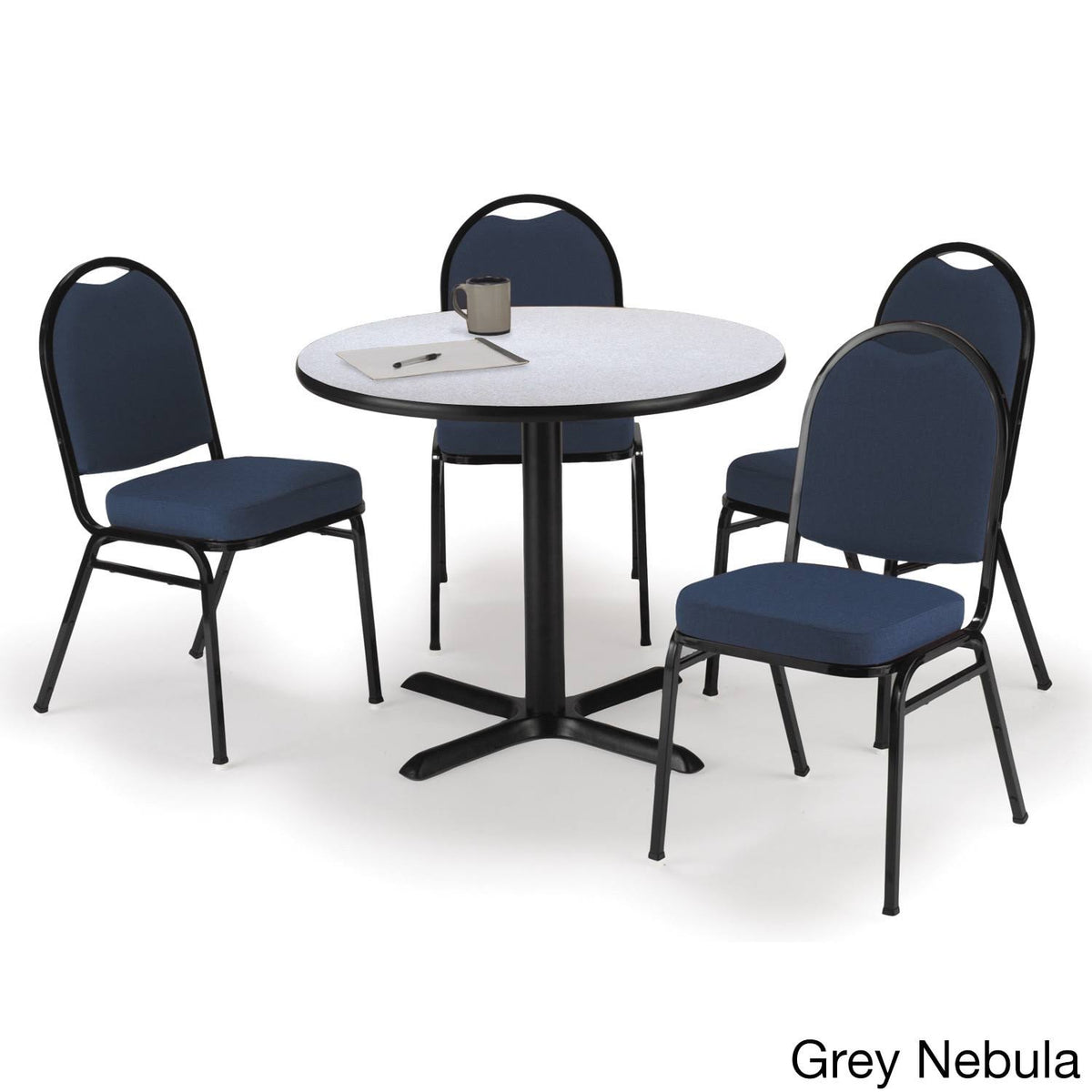 42x22 Round Grey HPL Table with 4 Blue Fabric Stack Chairs X3135