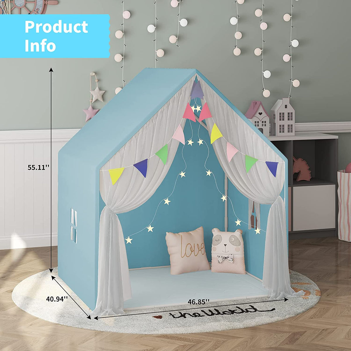 Blue Kids Play Tent with Star Lights and Washable Floor Mats F848071