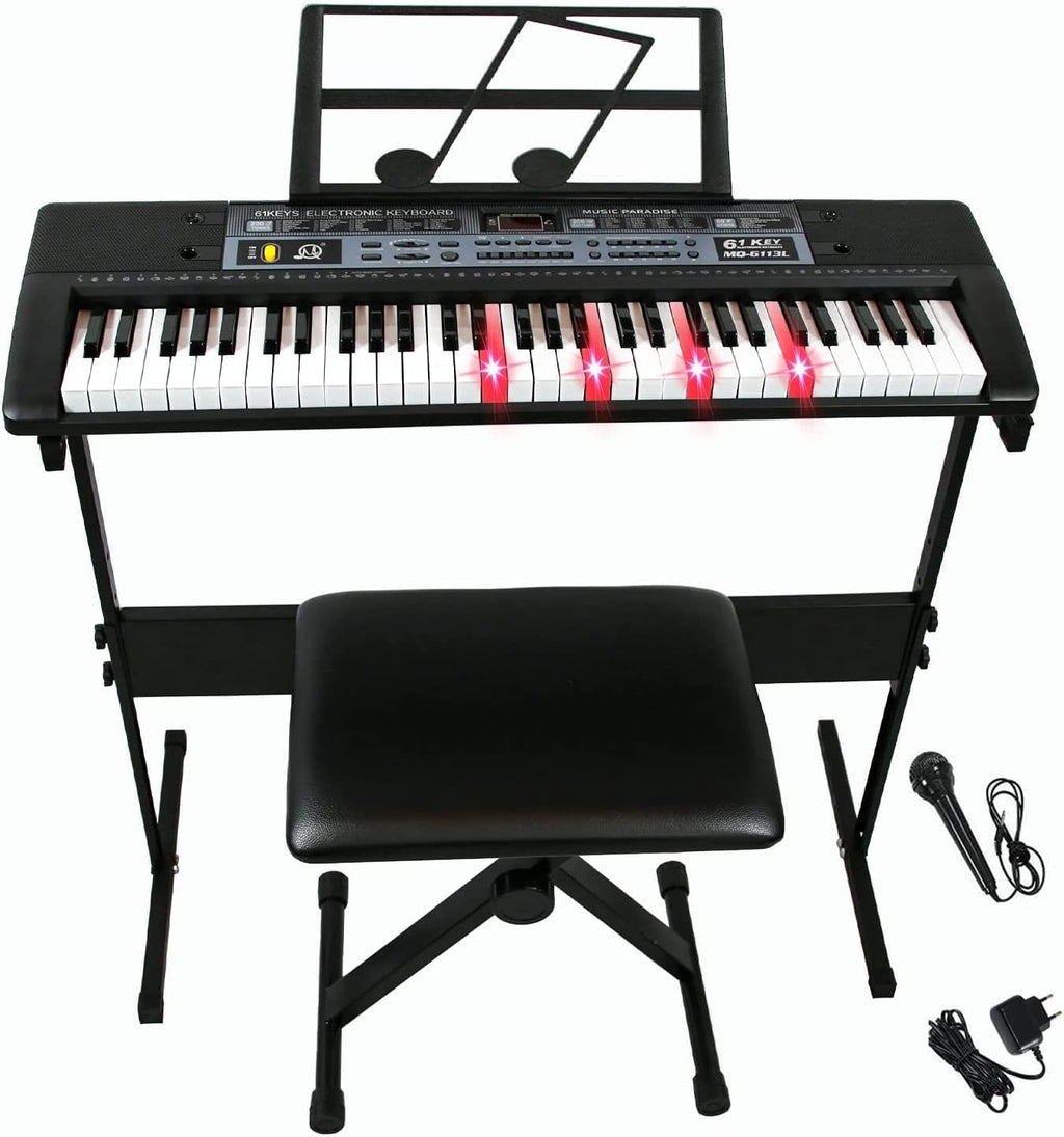 61 Key Portable Electric Keyboard with H Stand, Light Up Keys, Dual Speakers, Microphone, Music Stand, Bench P85985