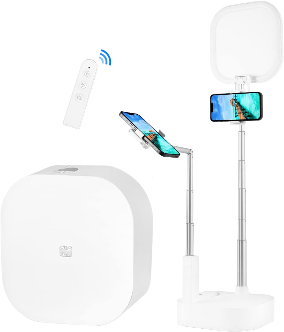 Extendable Selfie Light Stand, Adjustable Phone Selfie Stand, Overhead 360° Rotation Two Phone Holders, Rechargeable Wireless Phone Mount with LED Light, Pack of 2 S9952