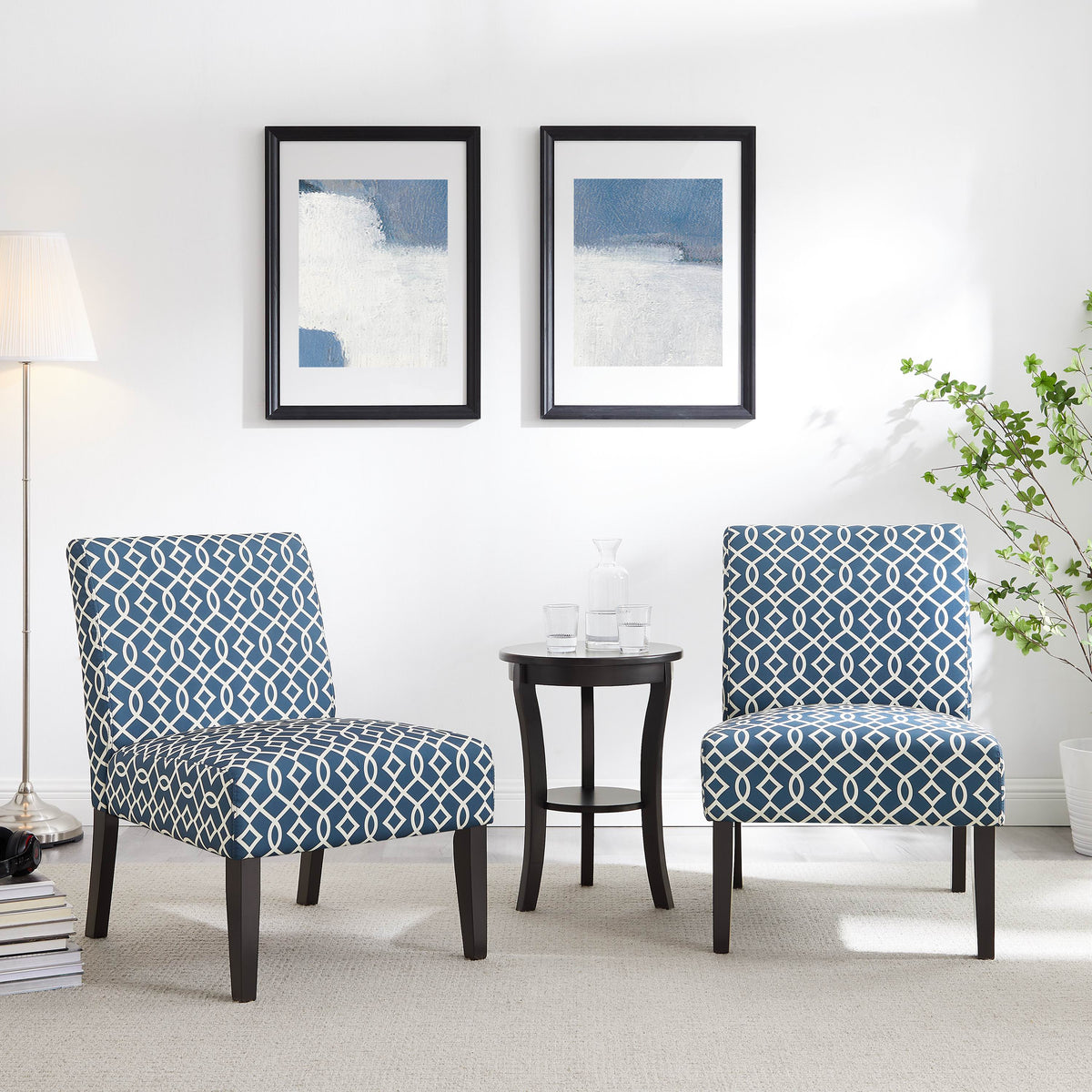 3pc Blue Fabric Upholstered Side Table and 2 Chairs J70330