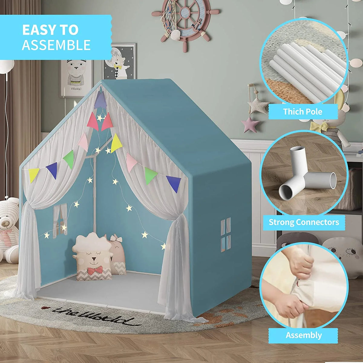Blue Kids Play Tent with Star Lights and Washable Floor Mats F848071