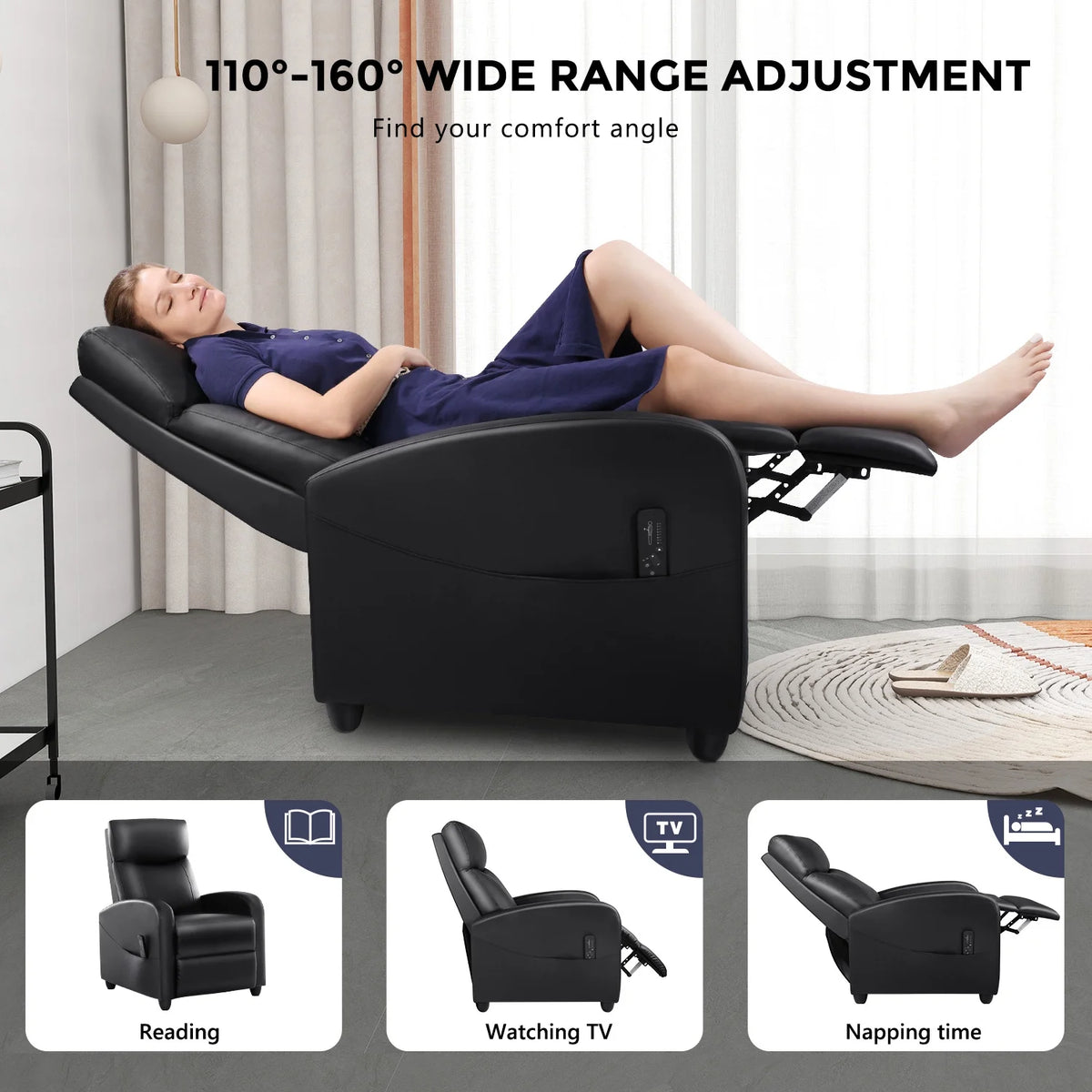 Black PU Leather Single Sofa Recliner Chair with Massage Backrest O277