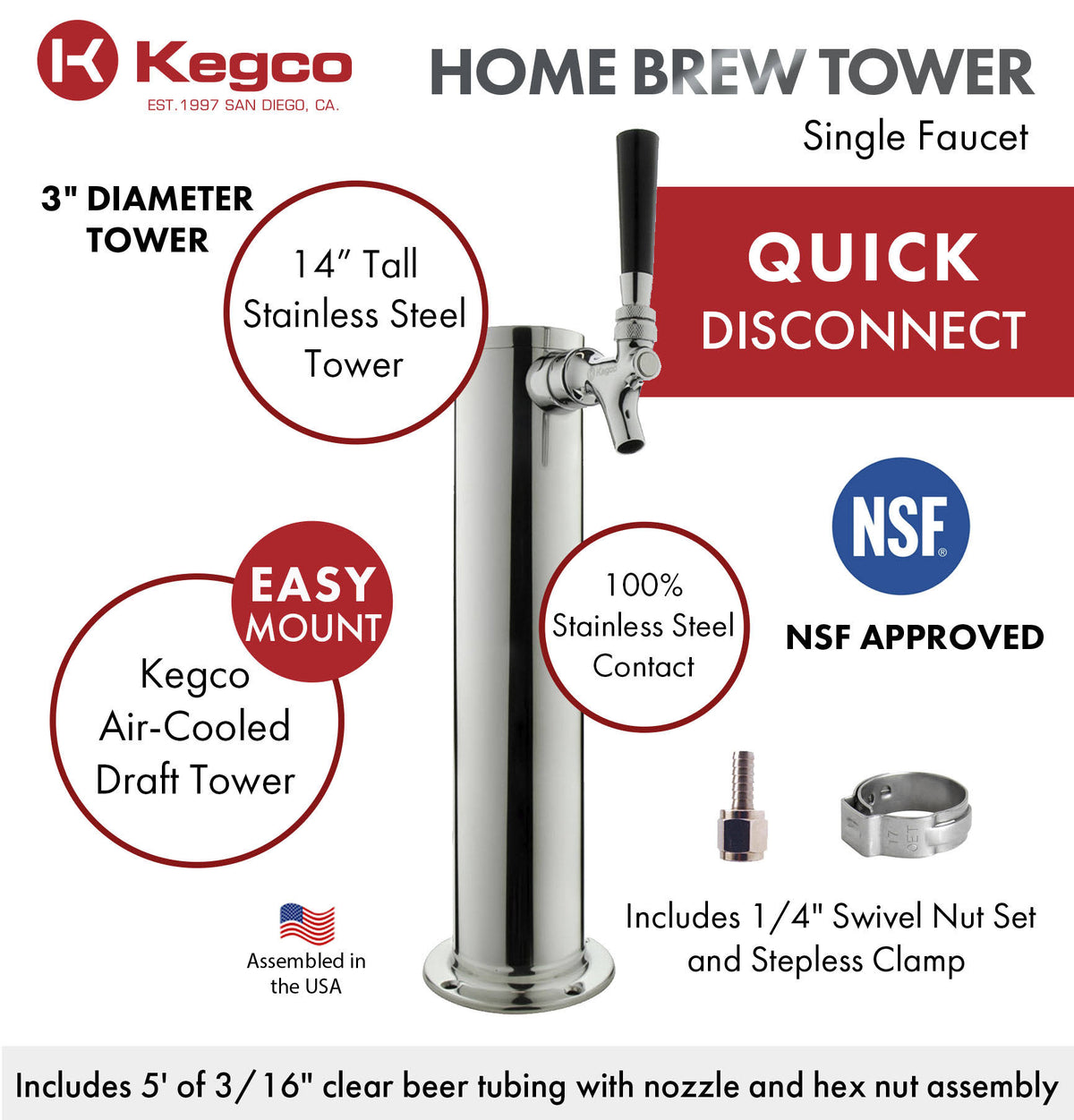 14x22 Tall Polished Stainless Steel 1-Tap Contact Quick Disconnect Homebrew Tower O82101