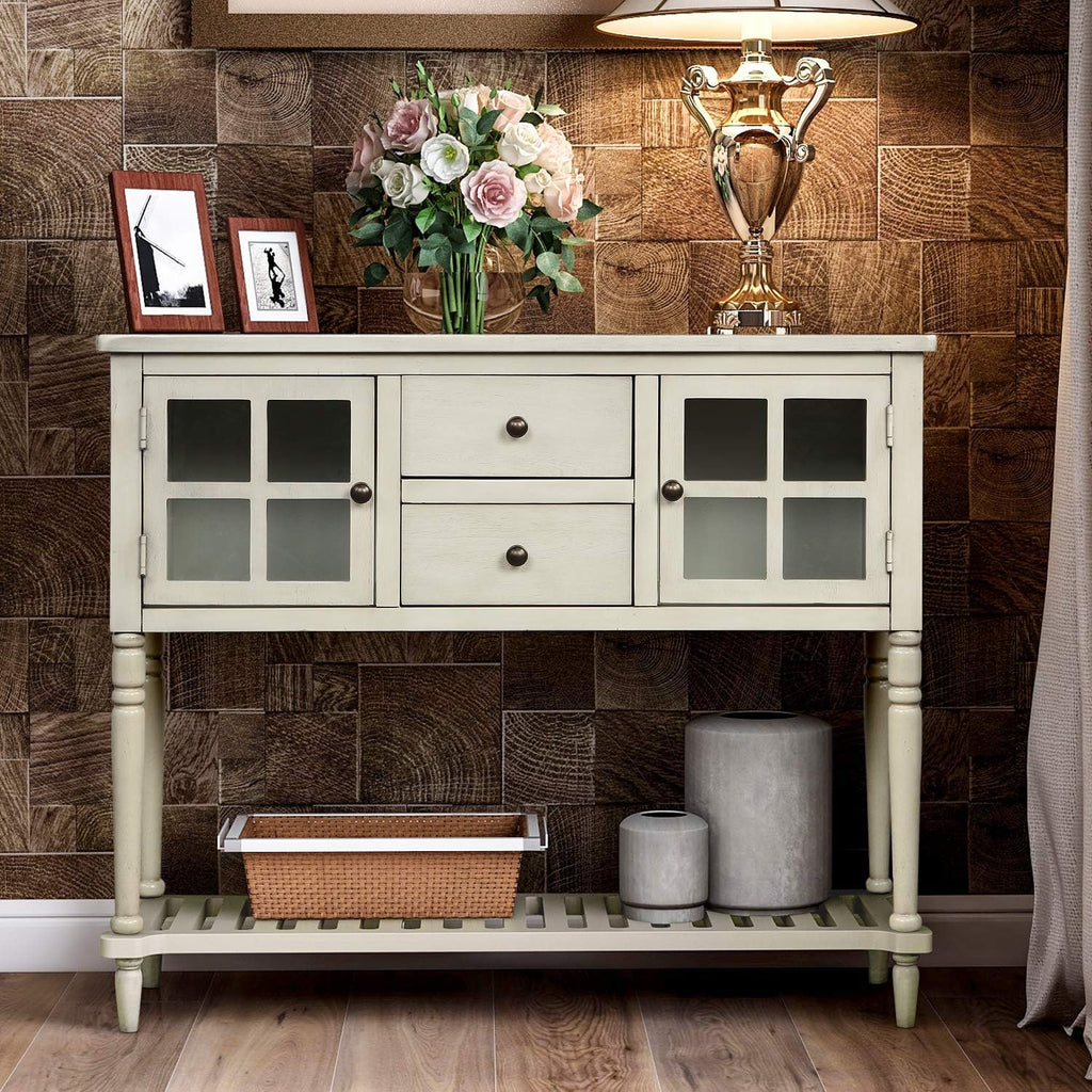 Antique Gray Console Table with Glass Doors and Drawers E6934