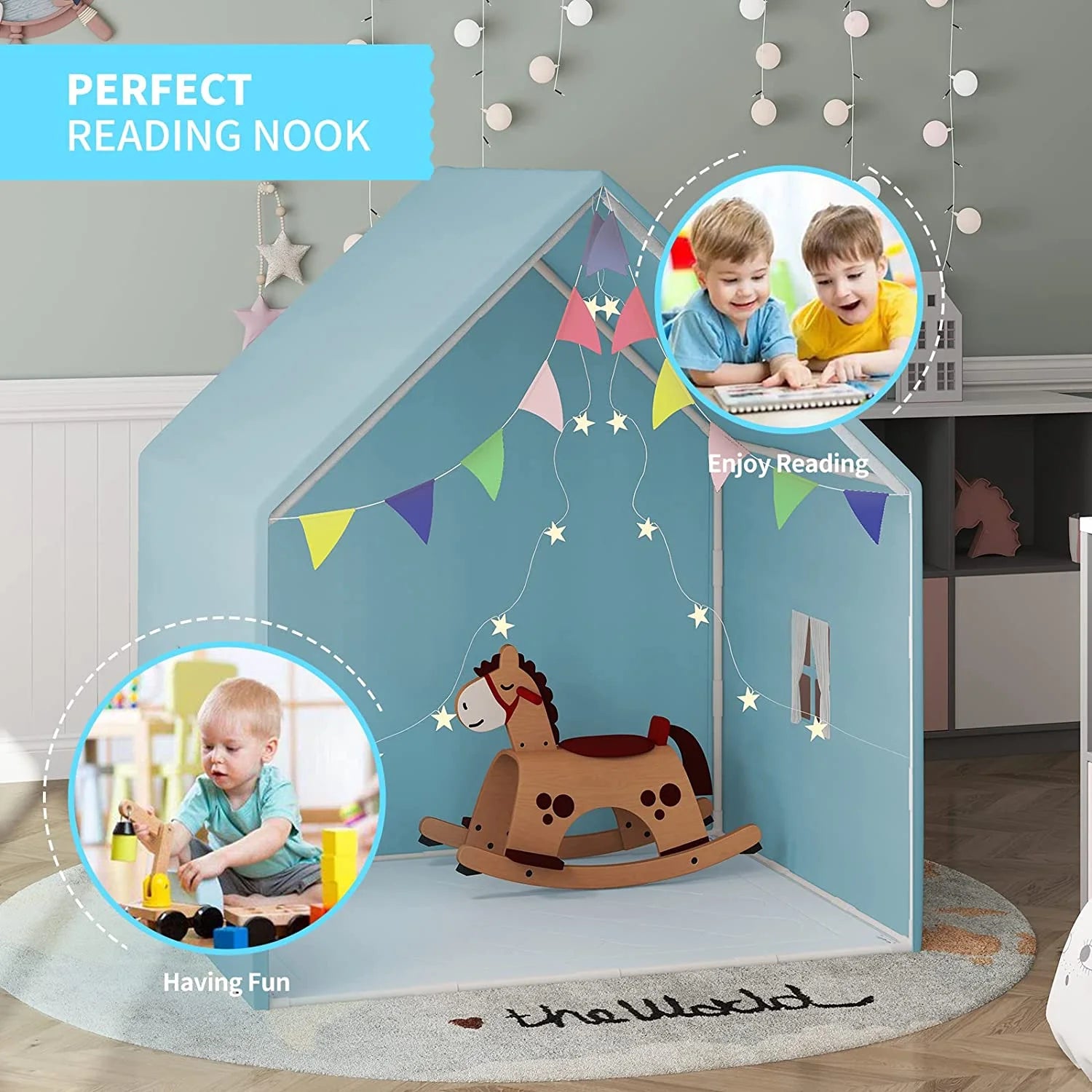 Blue Kids Play Tent with Star Lights and Washable Floor Mats F848071