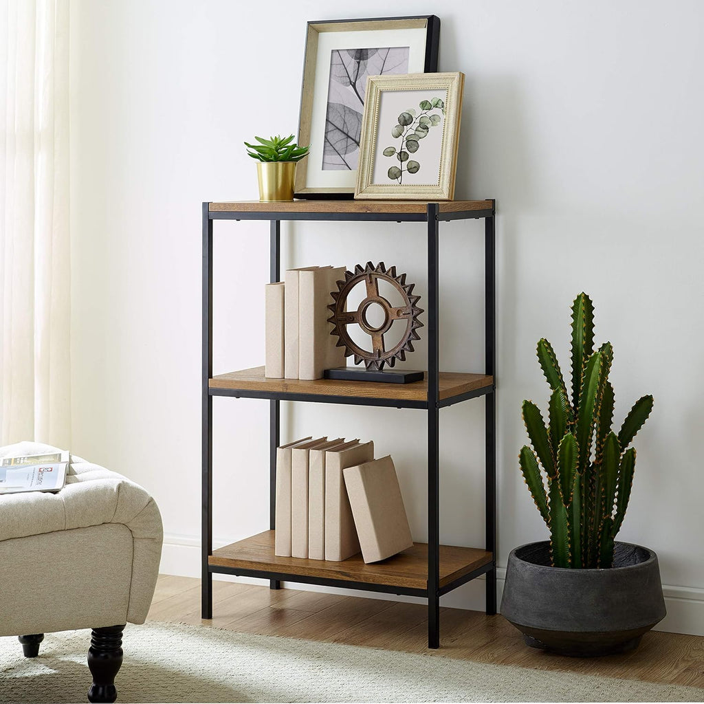 Rustic Industrial 3 Tier Bookshelf with Metal Frame E41638