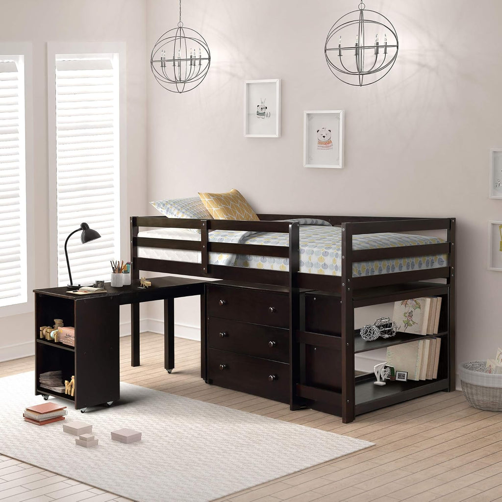Espresso Pine Wood Twin Loft Bed with Desk D696190
