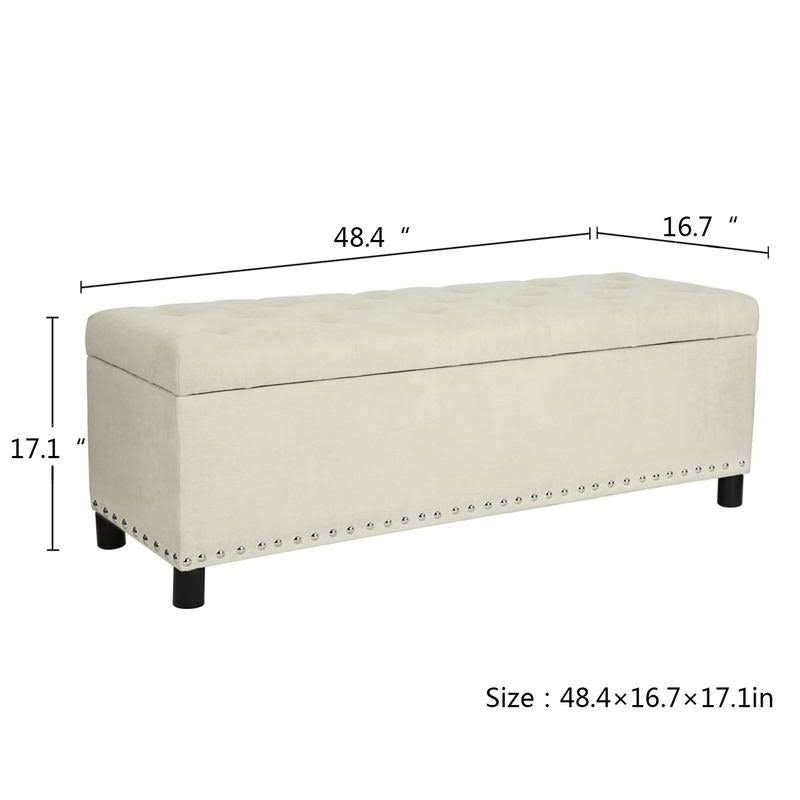 Beige Linen Storage Ottoman Bench with Nailhead Trim V126