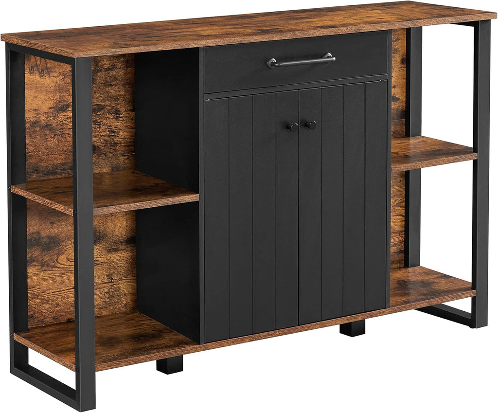 Rustic Brown and Black Steel Frame Buffet Cabinet with Drawer and Shelves T49802