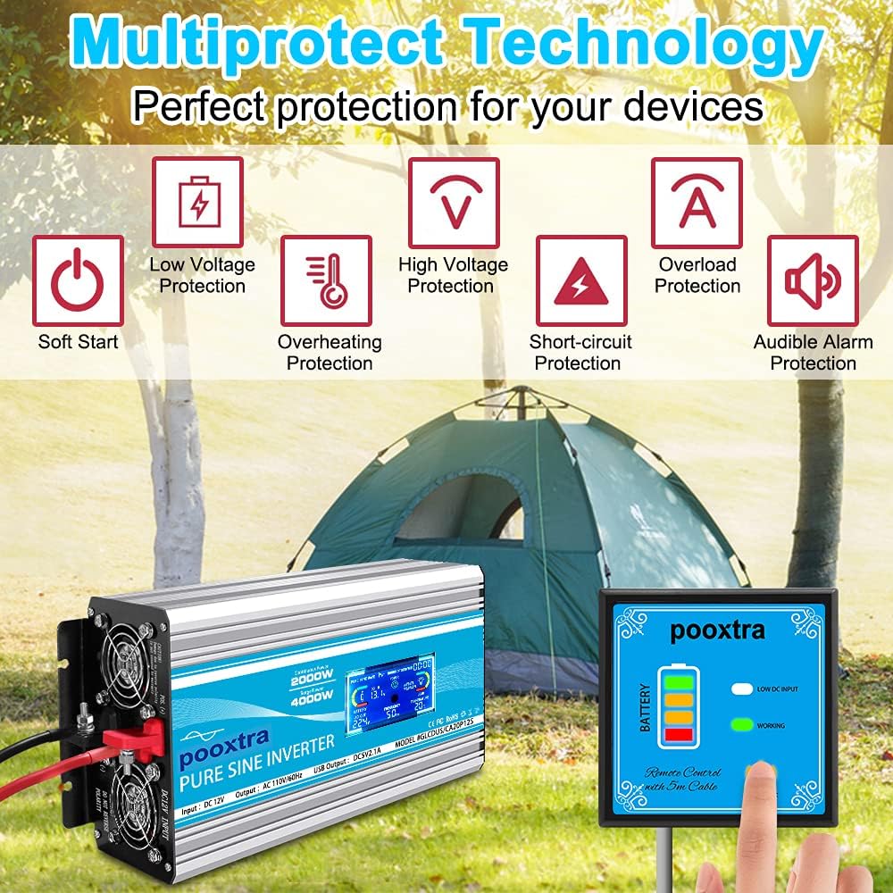 2000 Watt Pure Sine Wave Power Inverter 12V DC to 110V AC with LCD Display USB Port 4 AC Outlets J241