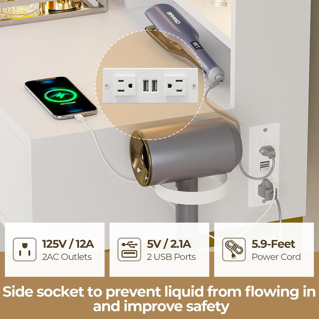 White Vanity Desk with Mirror, LED Lights, 5 Drawers and 3 Storage Shelves R2471