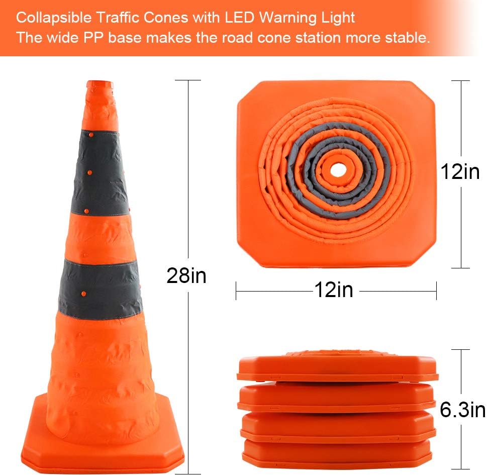 4 Pack Orange Collapsible Traffic Cones with LED Light B642