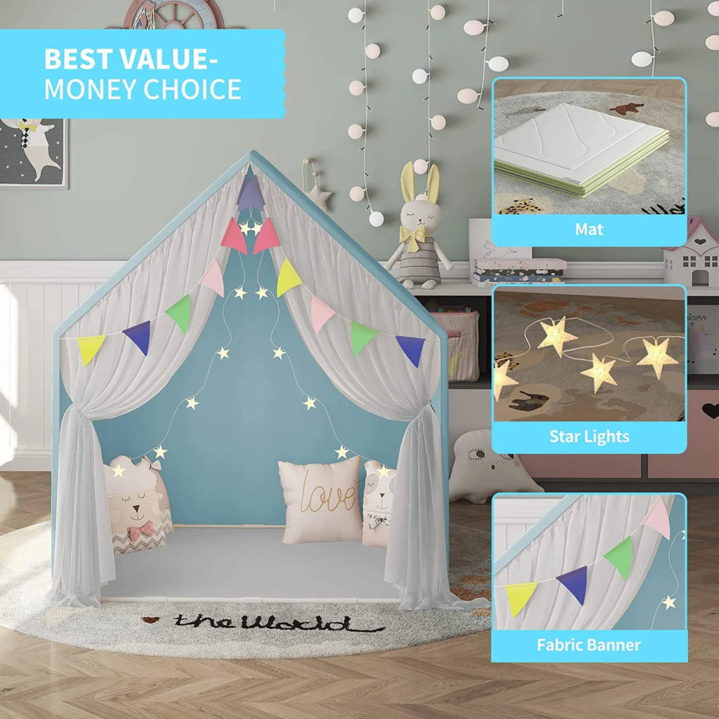 Blue Kids Play Tent with Star Lights and Washable Floor Mats F848071
