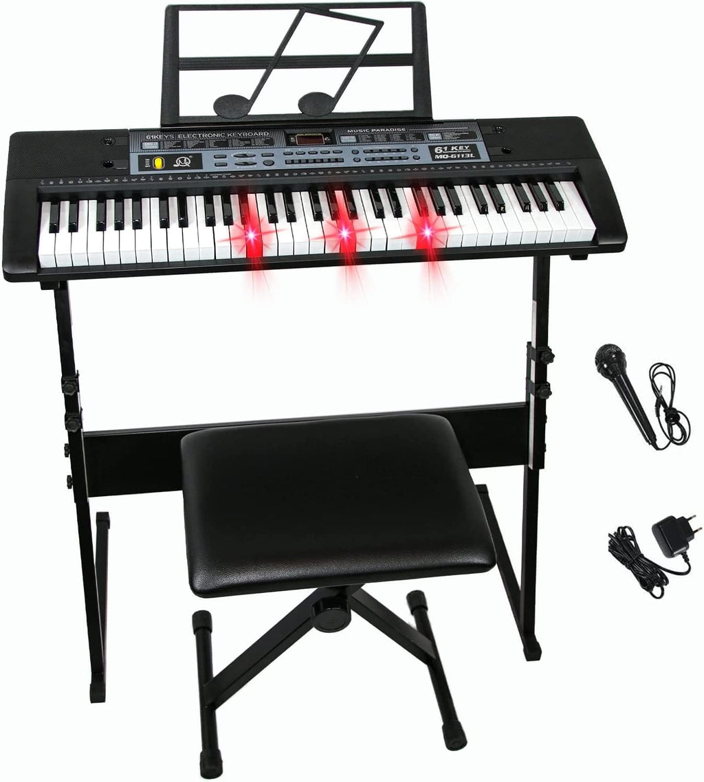 61 Key Portable Electric Keyboard with H Stand, Light Up Keys, Dual Speakers, Microphone, Music Stand, Bench P85985