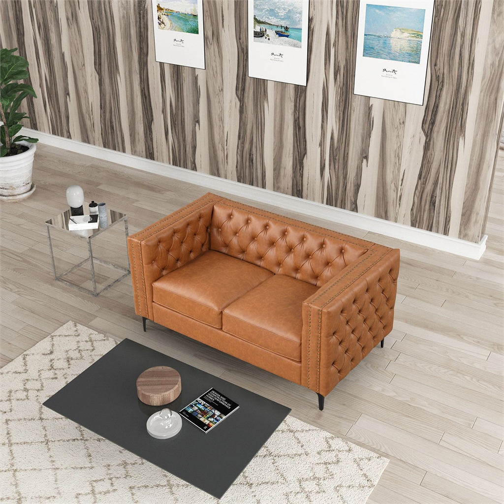 3-PC Leather Loveseat and 2 Chairs Set Saddle Brown Q57516
