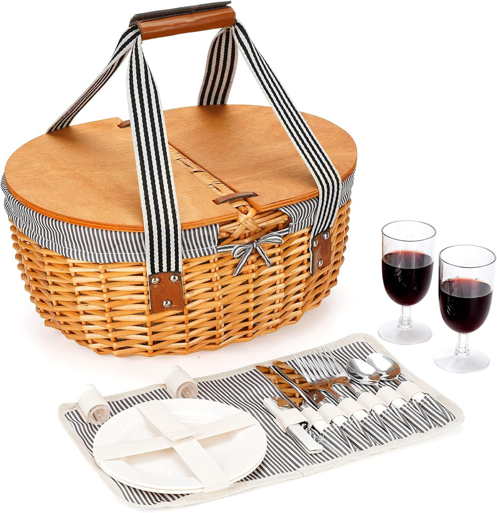 Wicker Picnic Basket Set for 2 with Double Wooden Lids & Handles and Cutlery Service Kits I493