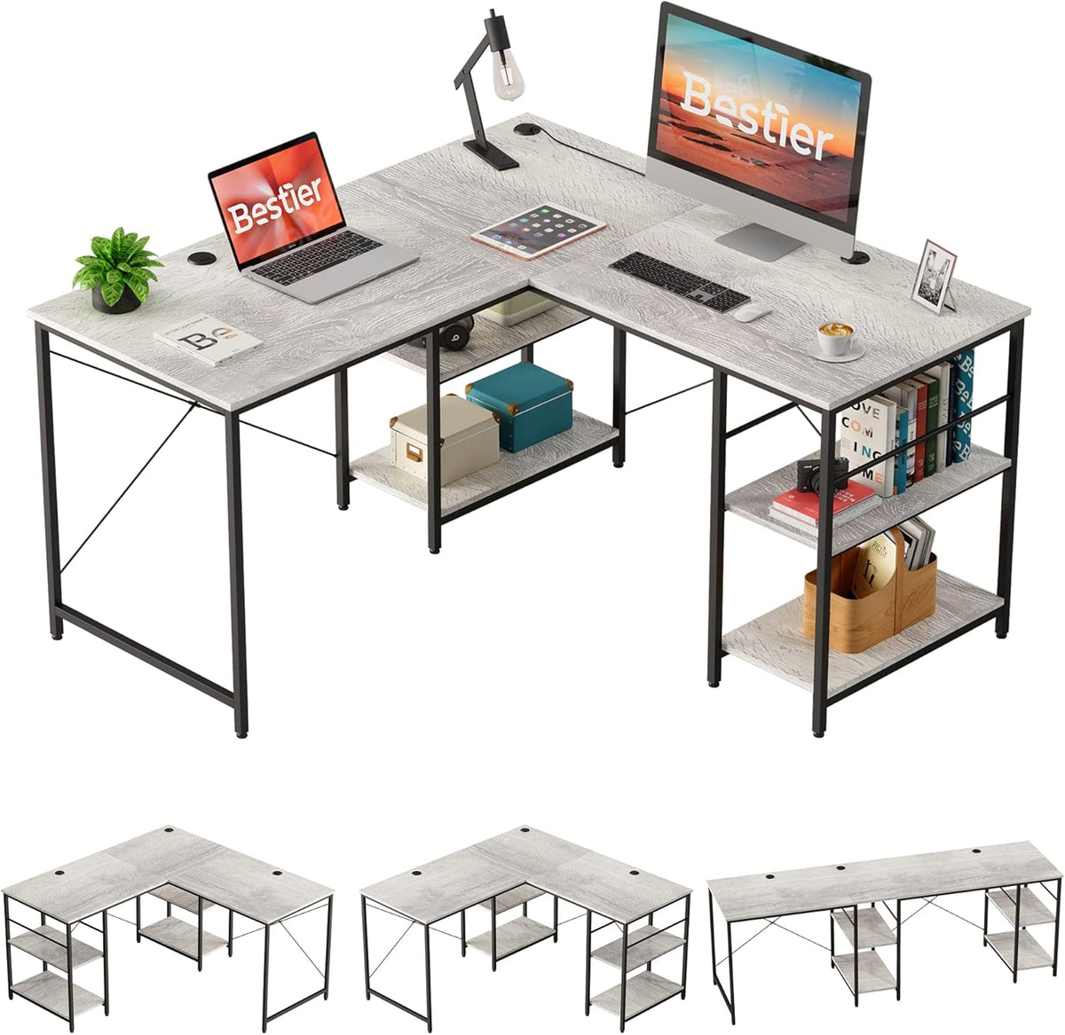 Grey Oak L Shaped Desk with Shelves 95.2 Inch Reversible Corner Computer Desk Z25486