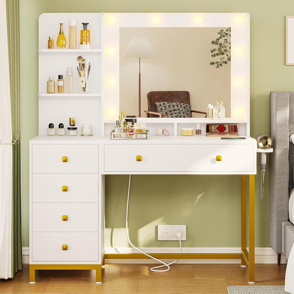 White Vanity Desk with Mirror, LED Lights, 5 Drawers and 3 Storage Shelves R2471