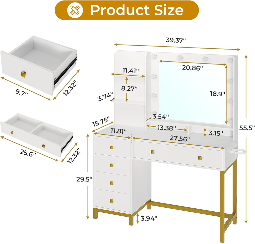 White Vanity Desk with Mirror, LED Lights, 5 Drawers and 3 Storage Shelves R2471