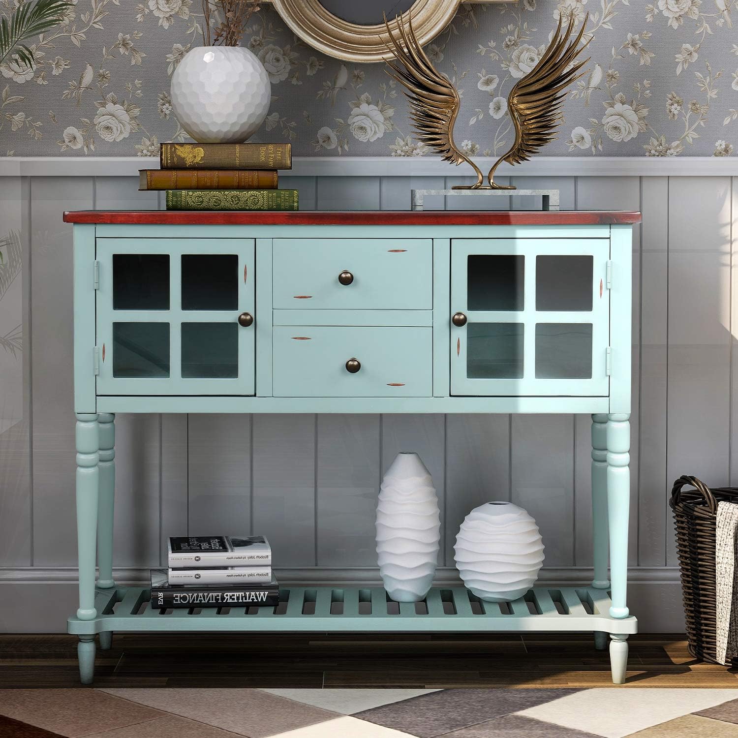 Antique Gray Console Table with Glass Doors and Drawers E6934