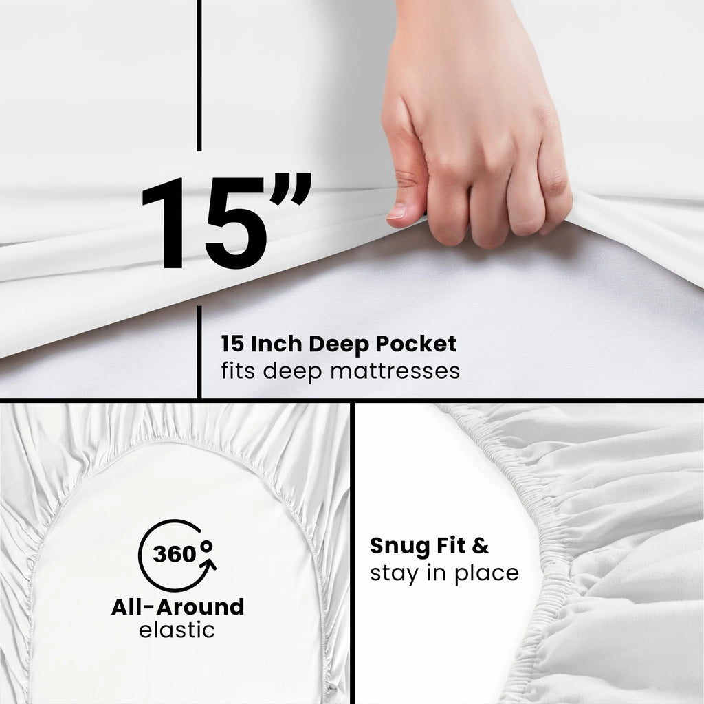 Queen Fitted Sheet, Deep Pocket 15 Inches, White Microfiber V14787