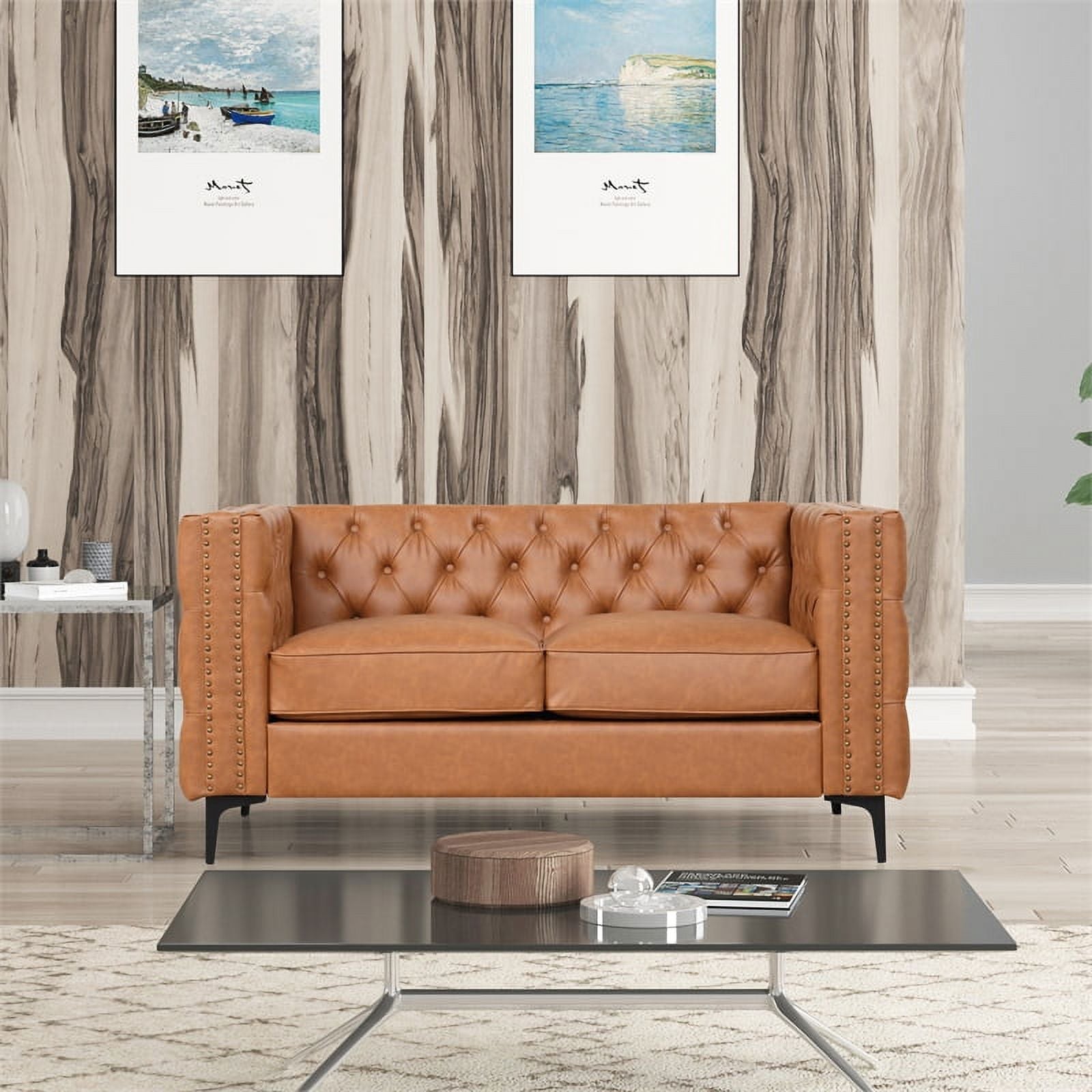 3-PC Leather Loveseat and 2 Chairs Set Saddle Brown Q57516