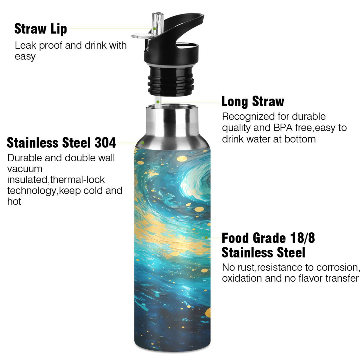Blue and Golden Stainless Steel Insulated Water Bottle with Straw Lid H2070