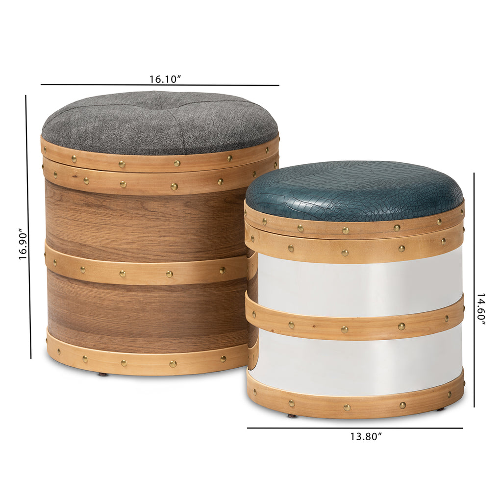 Grey Fabric and Blue Alligator Faux Leather 2-Piece Wood and Metal Storage Ottoman Set F589814