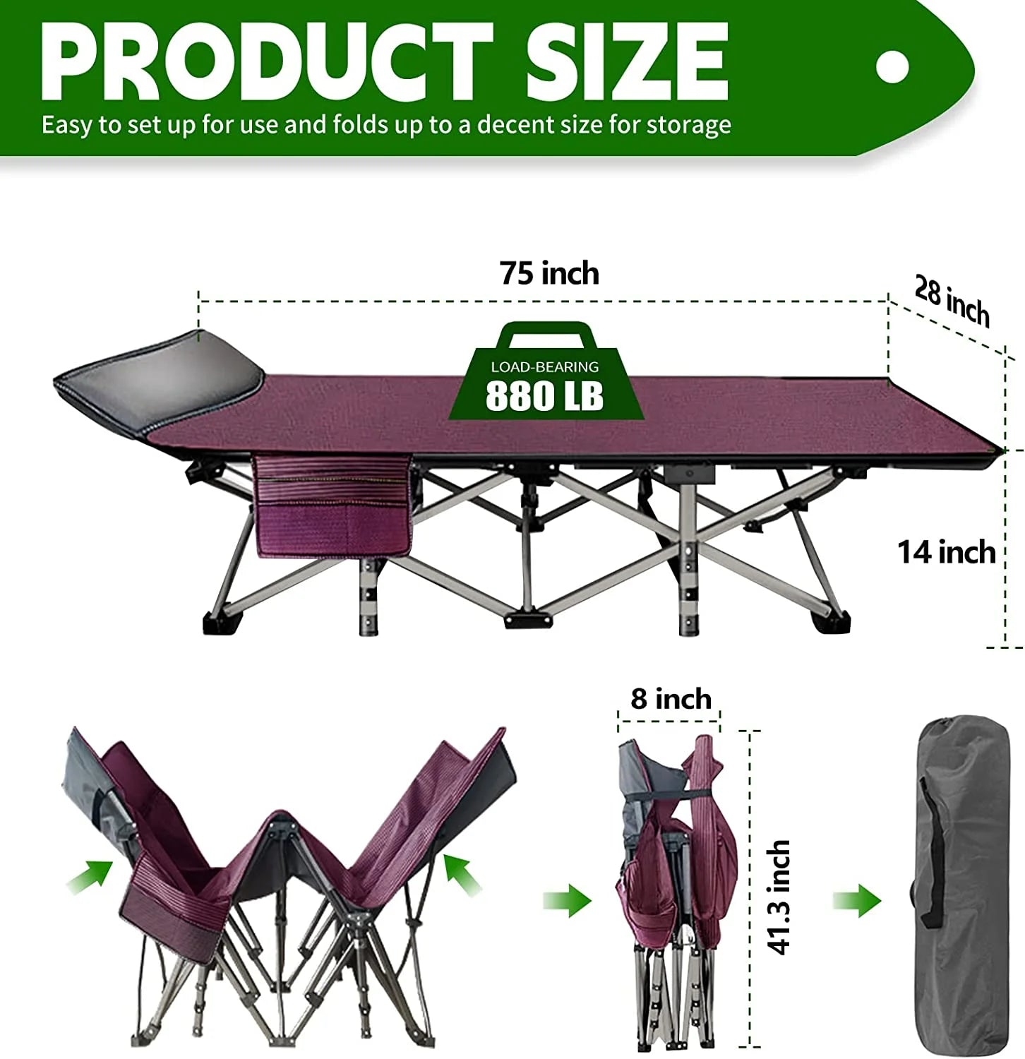 Camping Cot with 2 Sided Mattress & Carry Bag, 75"*28" Portable Folding Cot S4594