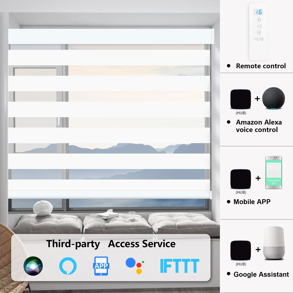 Motorized Zebra Blinds with Remote, Rechargeable, Luxury White, 23"W x 72"H B1836
