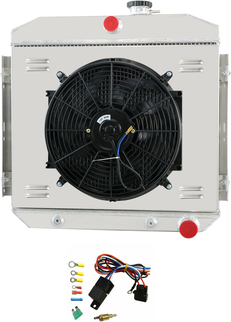 3 Row Core Aluminum Radiator Thermostat Shroud 14" Fans for 1955-1957 Chevy Belair R345