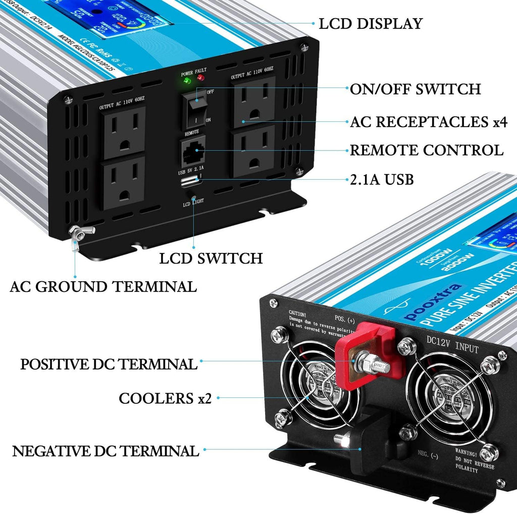 2000 Watt Pure Sine Wave Power Inverter 12V DC to 110V AC with LCD Display USB Port 4 AC Outlets J241