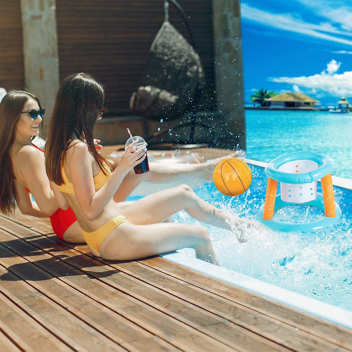 Light Blue Inflatable Pool Volleyball Set with Basketball Hoops C41112