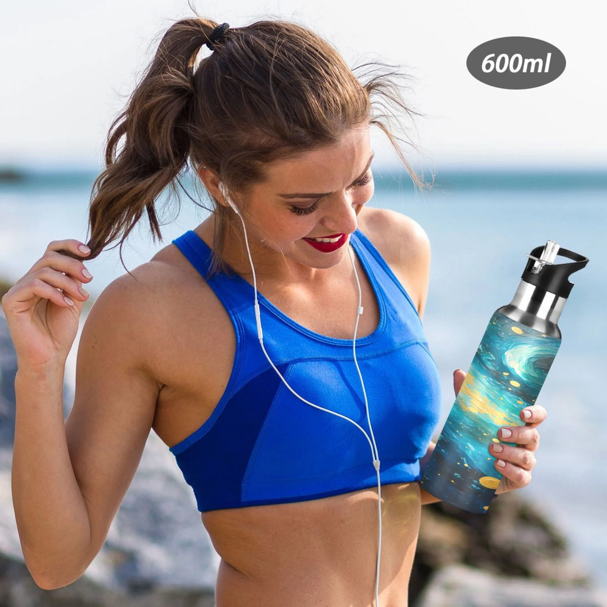 Blue and Golden Stainless Steel Insulated Water Bottle with Straw Lid H2070