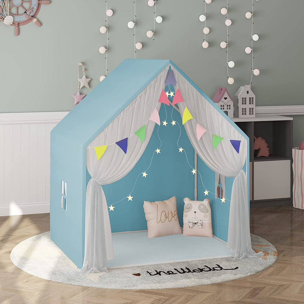 Blue Kids Play Tent with Star Lights and Washable Floor Mats F848071