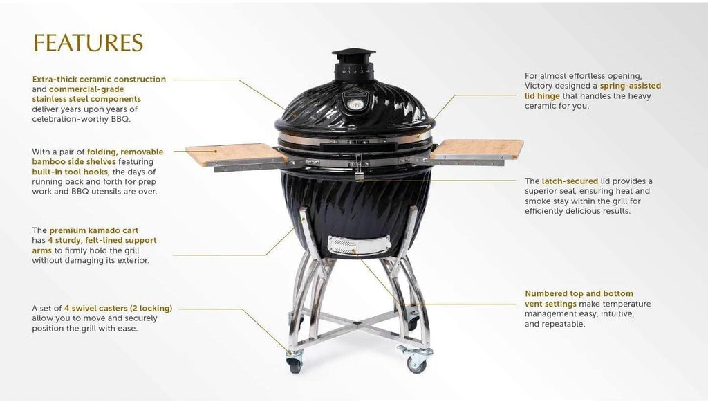 21-Inch Kamado Grill & Smoker with Stainless Steel Cart and Bamboo Side Shelves O667