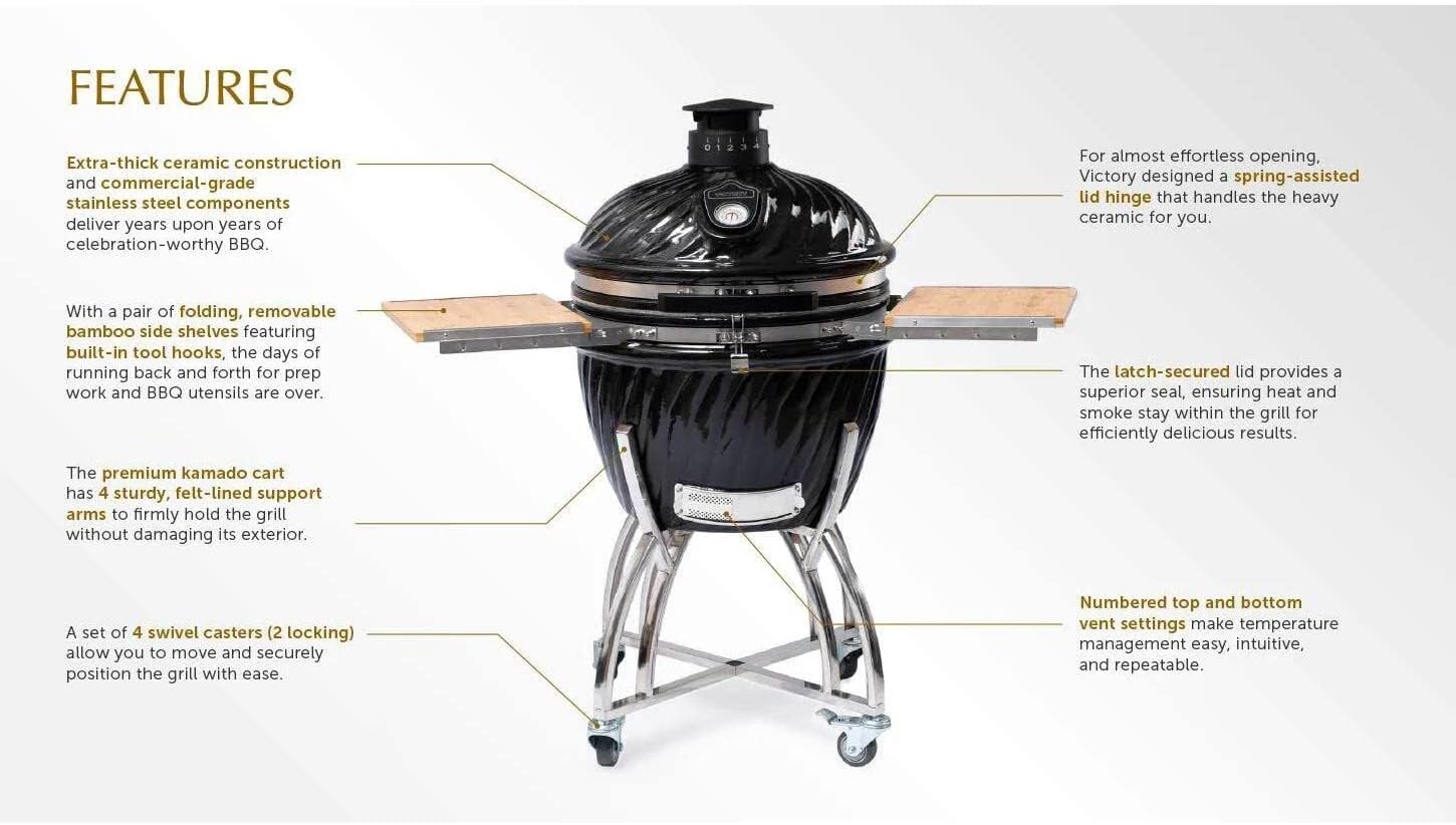 21-Inch Kamado Grill & Smoker with Stainless Steel Cart and Bamboo Side Shelves O667