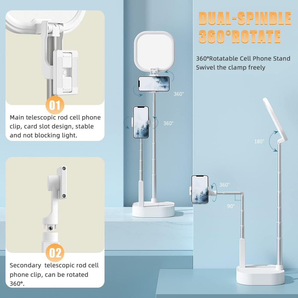 Extendable Selfie Light Stand, Adjustable Phone Selfie Stand, Overhead 360° Rotation Two Phone Holders, Rechargeable Wireless Phone Mount with LED Light, Pack of 2 S9952