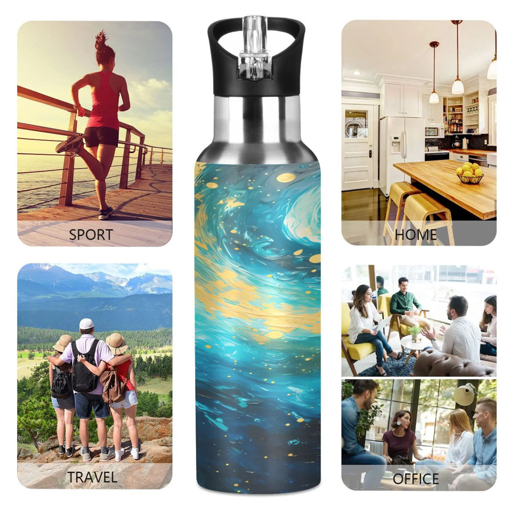 Blue and Golden Stainless Steel Insulated Water Bottle with Straw Lid H2070