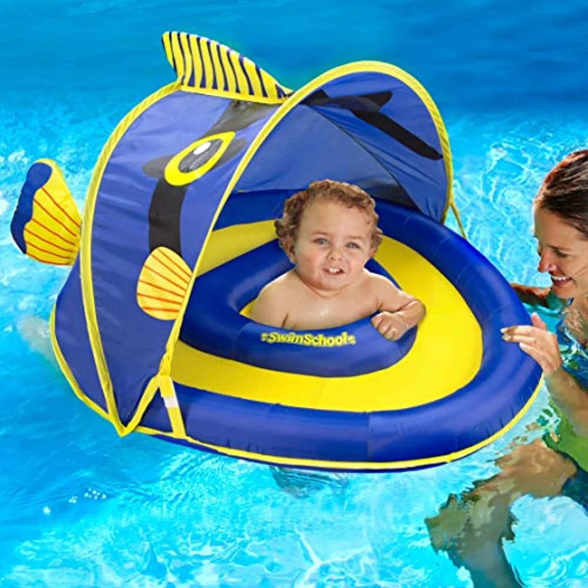 Blue/Yellow Baby Pool Float with Canopy and Safety Seat F442