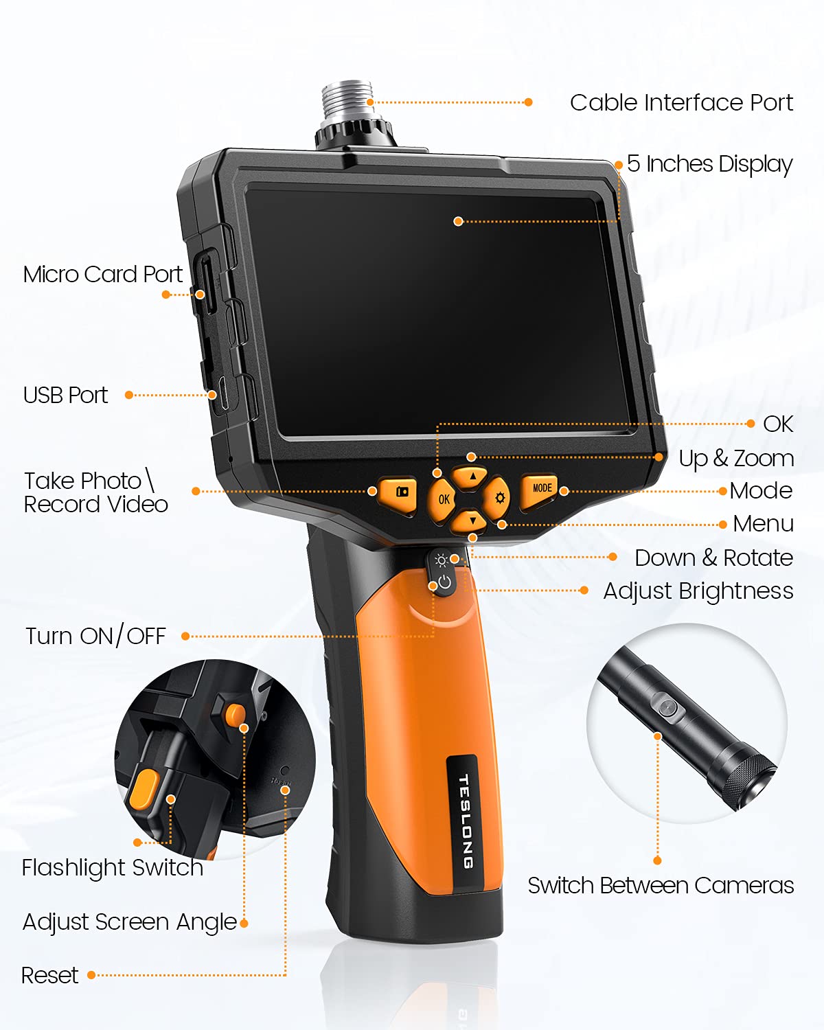 Dual Lens Inspection Camera with 5 IPS Screen, 16.4ft Flexible Probe, 1080p T134