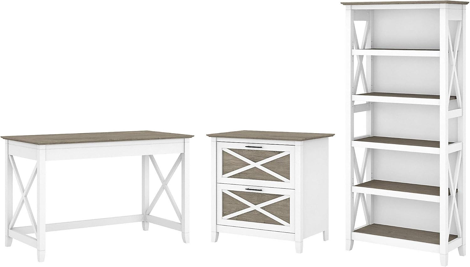 48W Reclaimed Pine Writing Desk with 2 Drawer Lateral File Cabinet and 5 Shelf Bookcase F62469